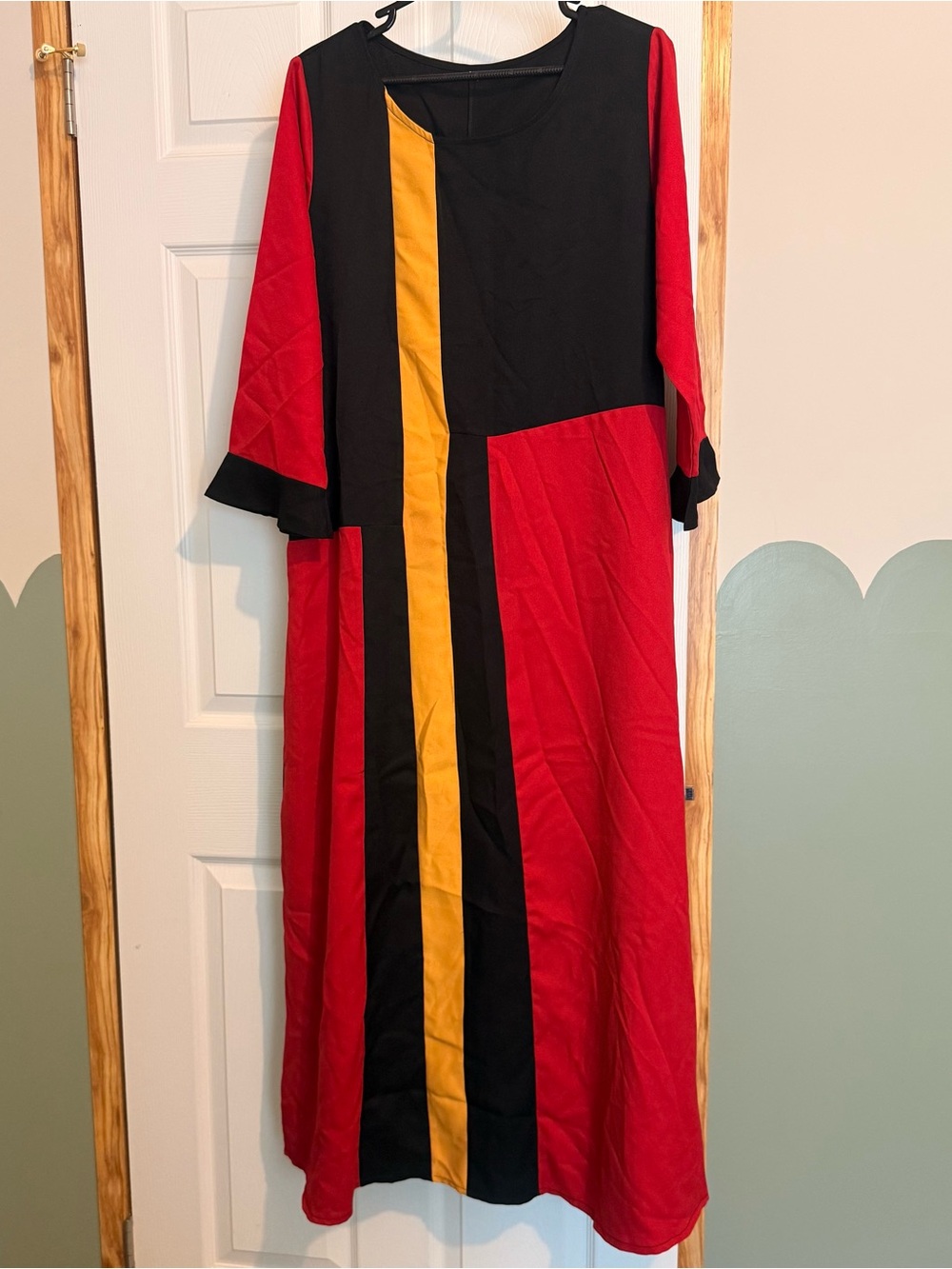 Red & Black Colorblock Maxi Dress with Gold Stripe